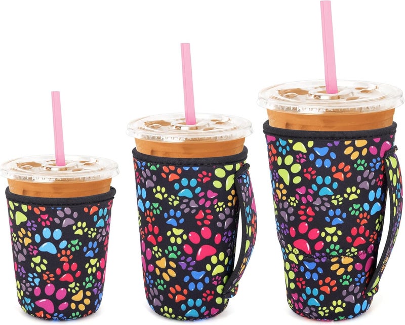 Snowso 3 Pack Iced Coffee sleeve Insulated Neoprene Cup Sleeves with handle For Cold Drinks Beverages, Reusable Cup Holder for 16oz-32oz Coffee Cups (Paw Prints) - Image 1